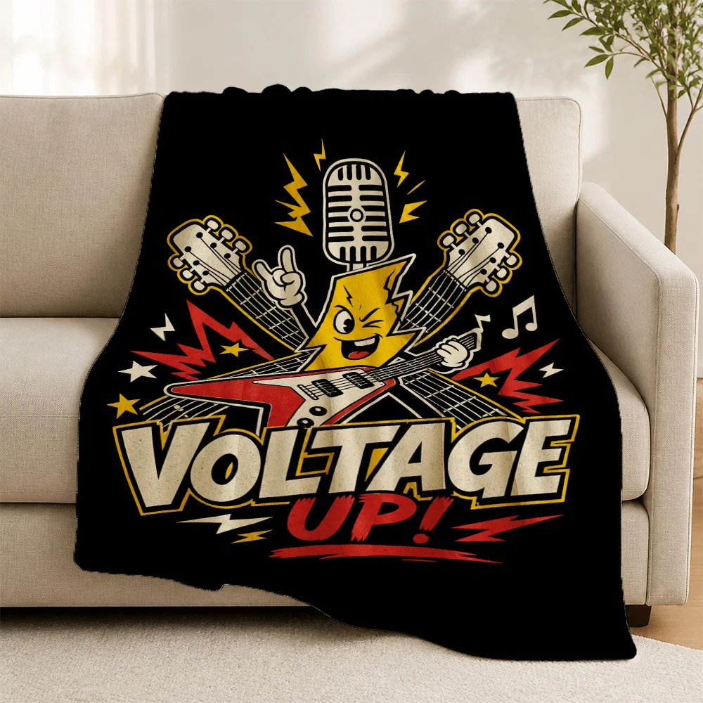 Trendy Sofa Throw Blanket for Living Room Decor Music Lovers Rock Concert Guitar Microphone Aesthetic Couch Throw Voltage Up