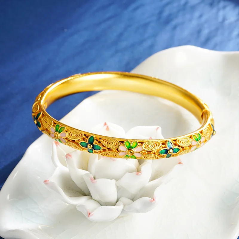 

Exquisite Luxury 24K 9999 Pure Gold real gold Women's Flower Buckle Bracelet Hollow Ethnic Style Bracelet