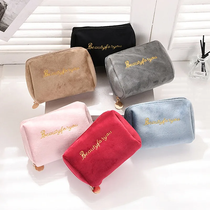 1 PC Velvet Women Cosmetic Bag Travel Large Makeup Bag Solid Color Zipper Lipstick Storage Bags Female Make Up Organizer Pouch