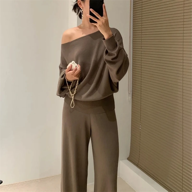 Loose chic Skew Collar Knitted 2 Piece Set Women casual long sleeve Tops Outfits korean fashion Spring Wide Leg Pants Ensembles