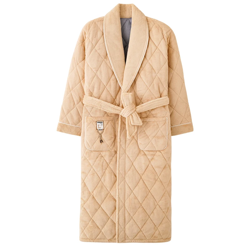 

Winter 3 Layers Flannel Jacket Bath Robe Men Bathroom Bathrobe Quilted Pajama Thick Long Spa Robe Coral Fleece Shower Homewear