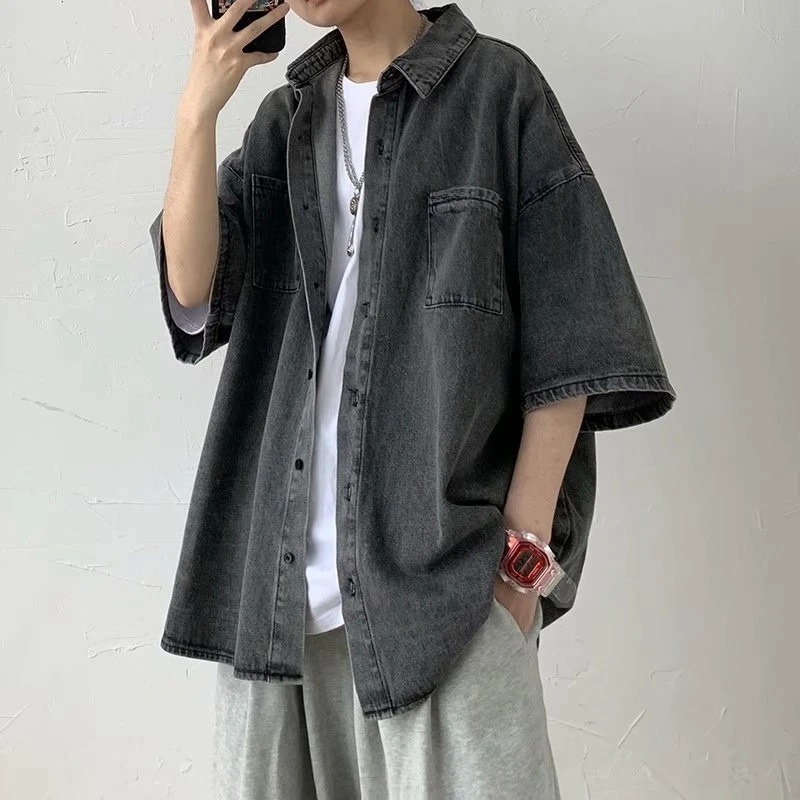 

Summer Short-sleeved Denim Shirt Men's Trendy Brand Hong Kong Japanese Style Niche Design Sense Casual Loose Half-sleeved Jacket