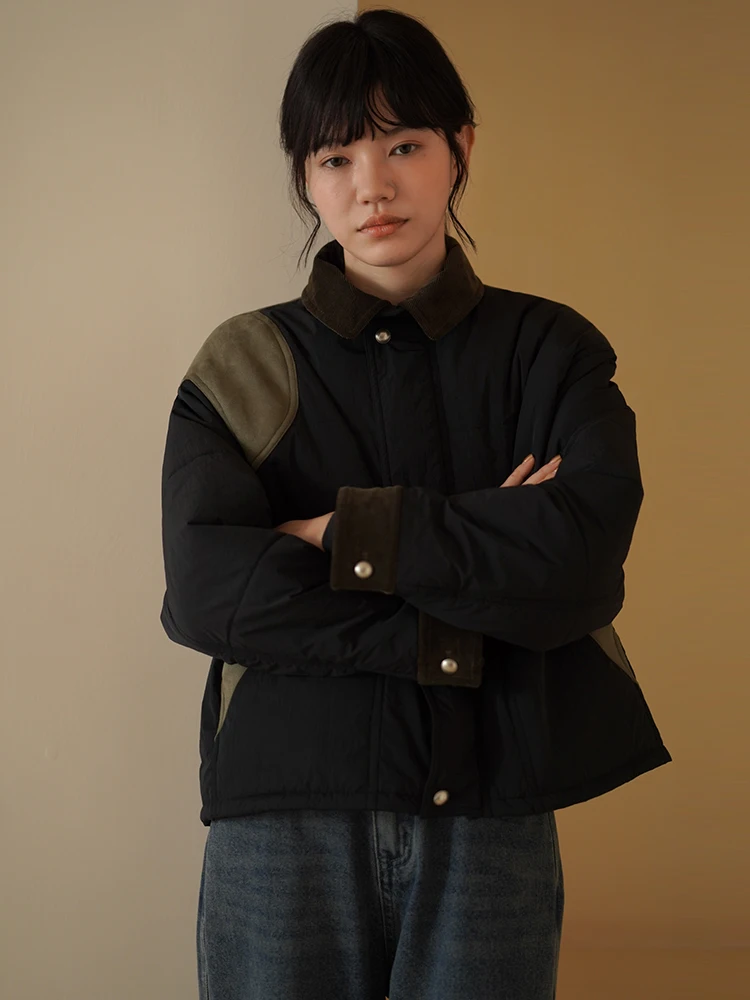 

Hacikis ort Suede Jaet Women's Collarl Coat Warm Cotton Outerwear Vintage Splicing Loose Fit Zipper Closure Pure Color