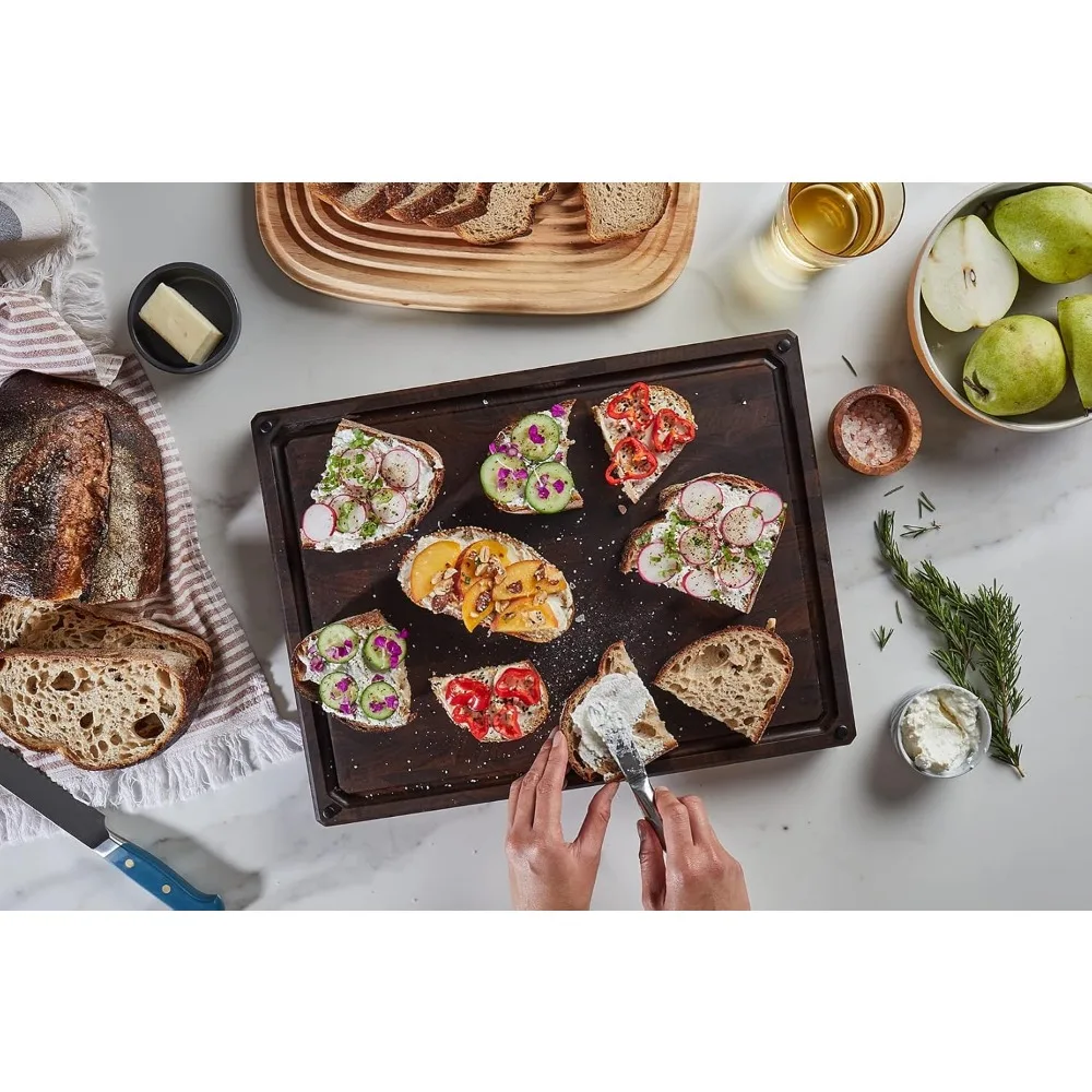 Made in USA, Large Thick End Grain Walnut Wood Cutting Board with Non-Slip Feet, Juice Groove, Sorting Compartments for Kitchen