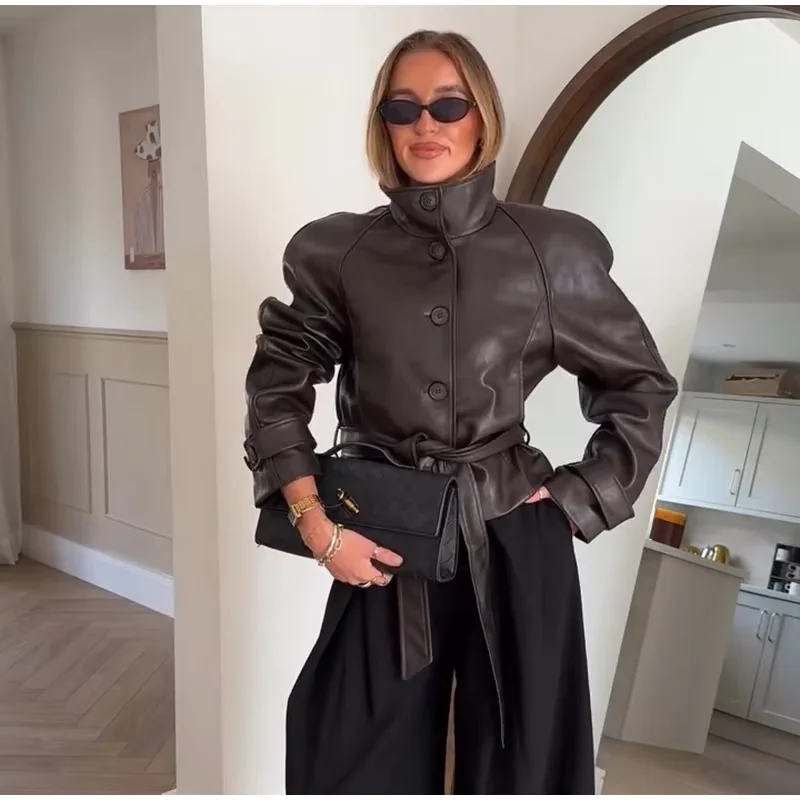 Guobioziy Glossy Shoulder-Patch Faux Leather Jacket with Belt Padded Shoulders 2026 Fall Women's Fashion Casual Leather Coat