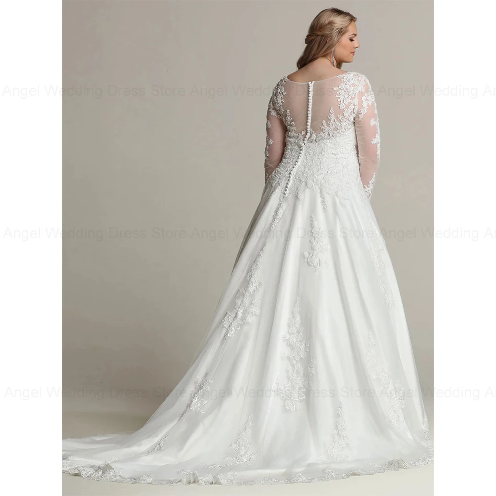 ANGEL Plus Size Wedding Dress for Bride Customized A-Line V-Neck Illusion Tulle Appliques Long Bridal Gown Vestidos De Noiva