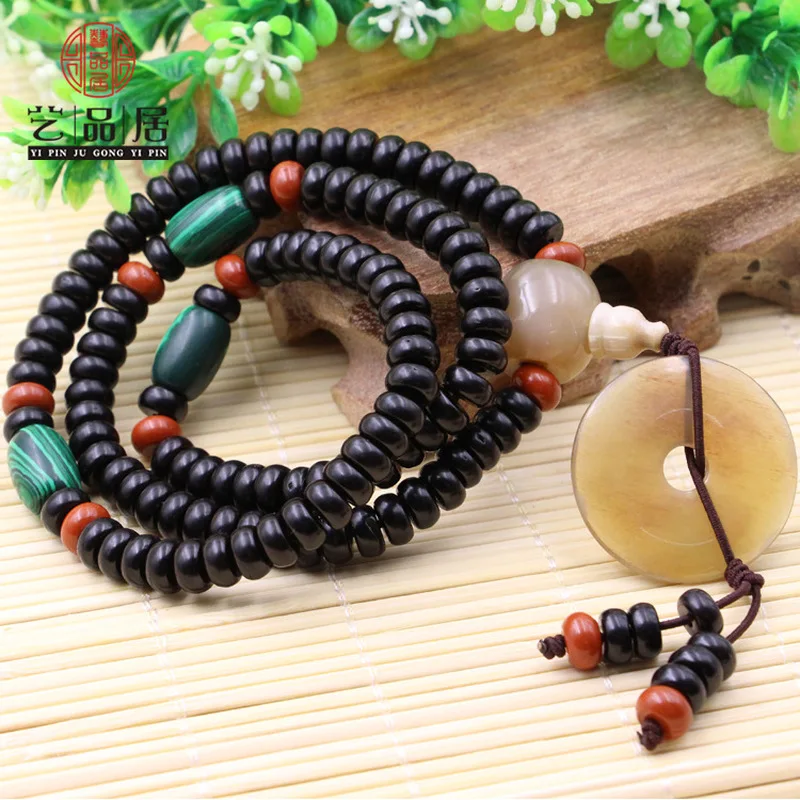 Natural Coconut Prayer Bracelet, 108 Beads, With A Design Resembling A Loach'S Back, And Featuring Sheep Horn Accent