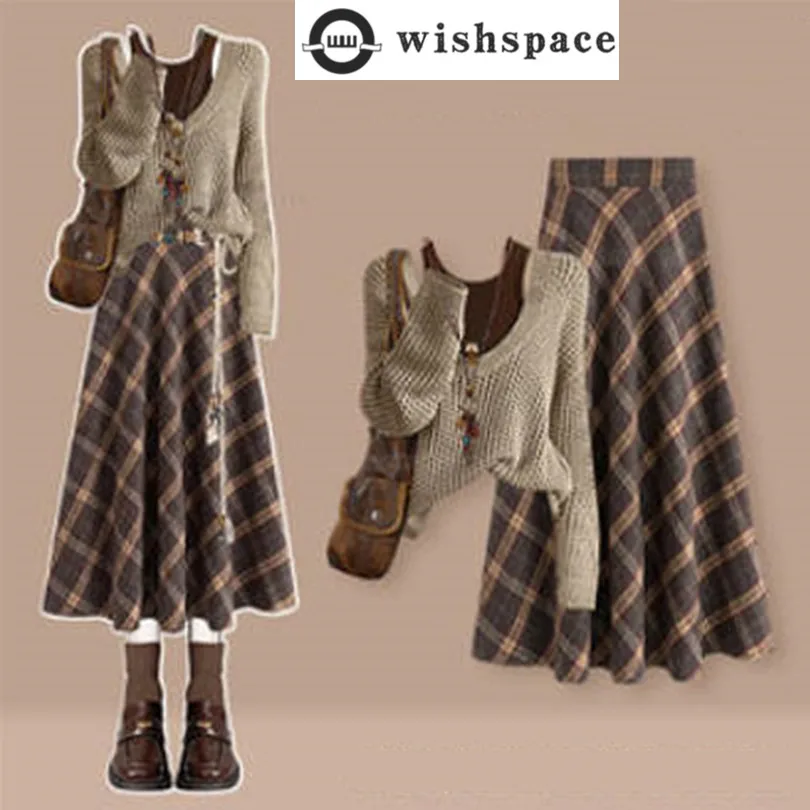 

Spring and Autumn American Style Set, Women's Age Reducing Hollowed Out Hooded Vest+plaid Skirt Three Piece Set