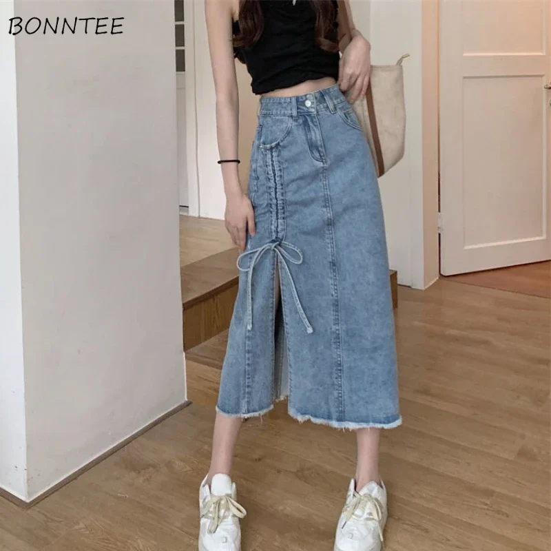 

Midi Skirts Women Bandage Elegant Personality All-match Side-slit Creativity Chic Korean Style Denim Faldas S-5XL Empire Summer