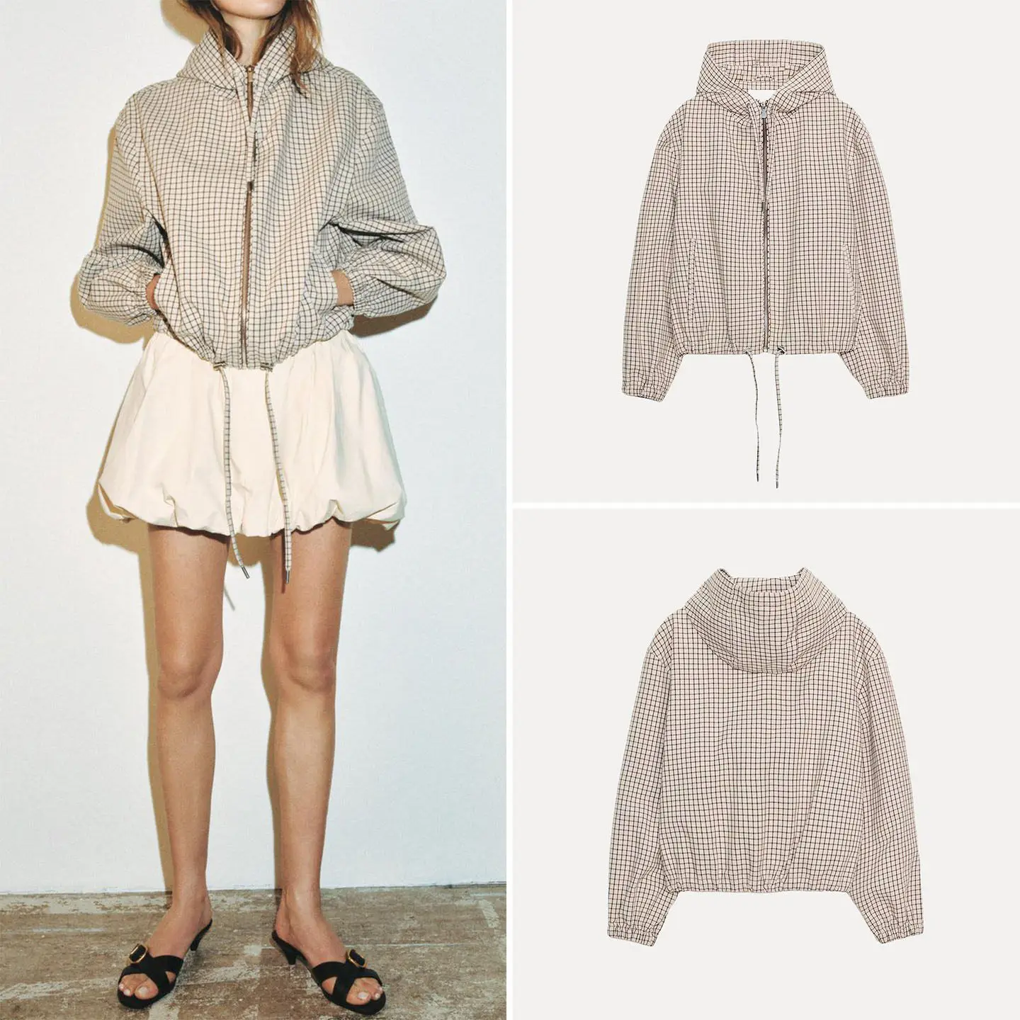 

Women's Casual Plaid Hooded Zipper Long Sleeve Stand Collar Jacket Spring 2026 New Style Standard Fit Zadata Chinese Origin