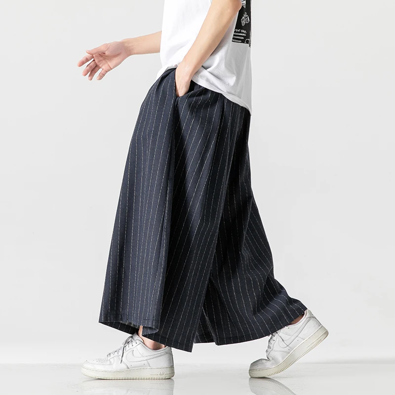 

Summer Linen Cotton Loose Casual Pants Striped Wide Leg Trousers ex Tang Suit National Trend Hip Hop Retro Sle