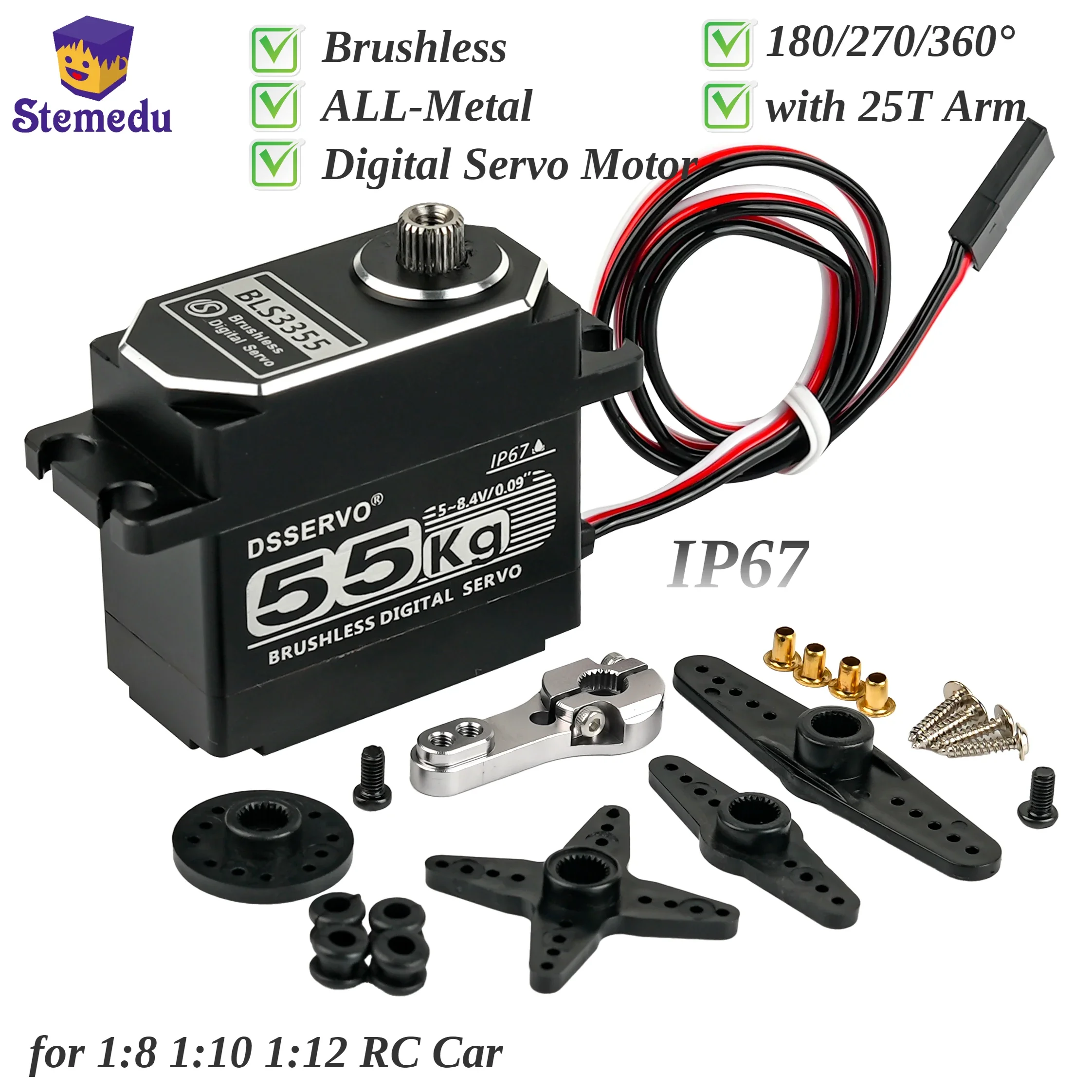 

55KG 8.4V Digital Servo Motor High Speed Brushless BLS3355 All-Metal Waterproof IP67 With Servo Arm for 1:8/1:10/1:12 RC Car