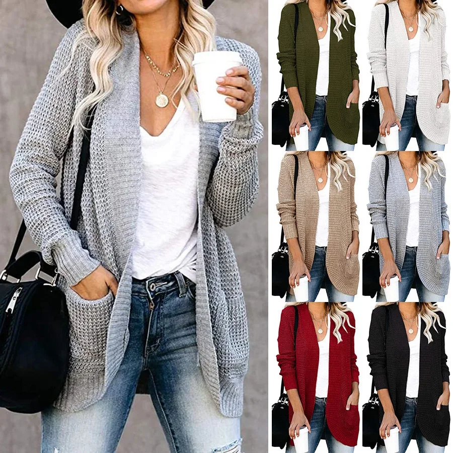 2024 autumn new cardigan women's Europe and the United States curved front large pocket sweater cardigan