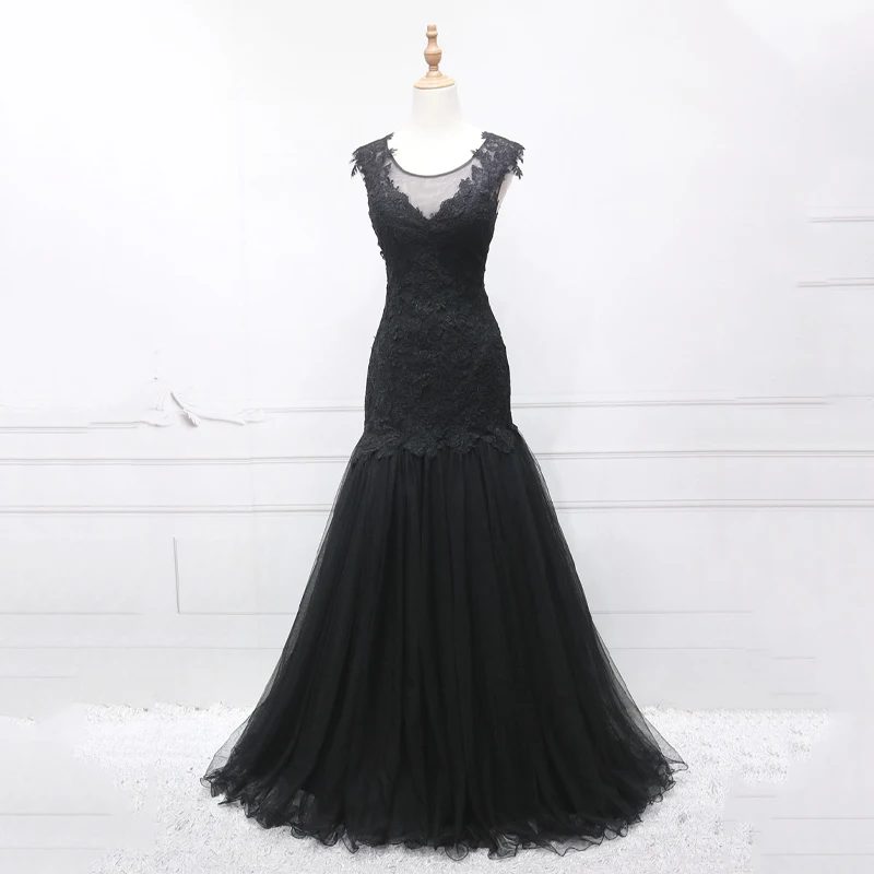 Vestido de noche de tul de ilusión de encaje negro, cuello redondo sin mangas, cremallera trasera, sirena, trompeta, hasta el suelo, más vestidos de fiesta para niña B2236