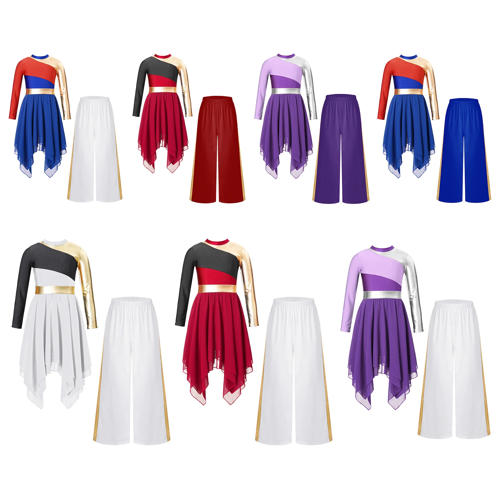 ชุดเดรสเด็กผู้หญิงแขนยาวผ้าชีฟองทรงโมเดิร์นพร้อมกางเกงขายาวทรงกว้าง สำหรับงานดนตรีประสานเสียงในโบสถ์ ชุดแสดงการสรรเสริญและบูชาพระเจ้า