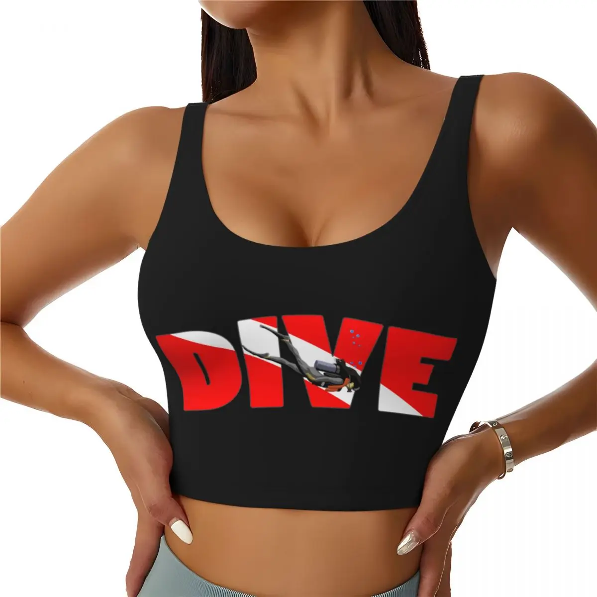 Custom Women Scuba Dive Flag And Diver Sports Bras Diving Lover High Impact Gym Workout Yoga Crop Tank Tops