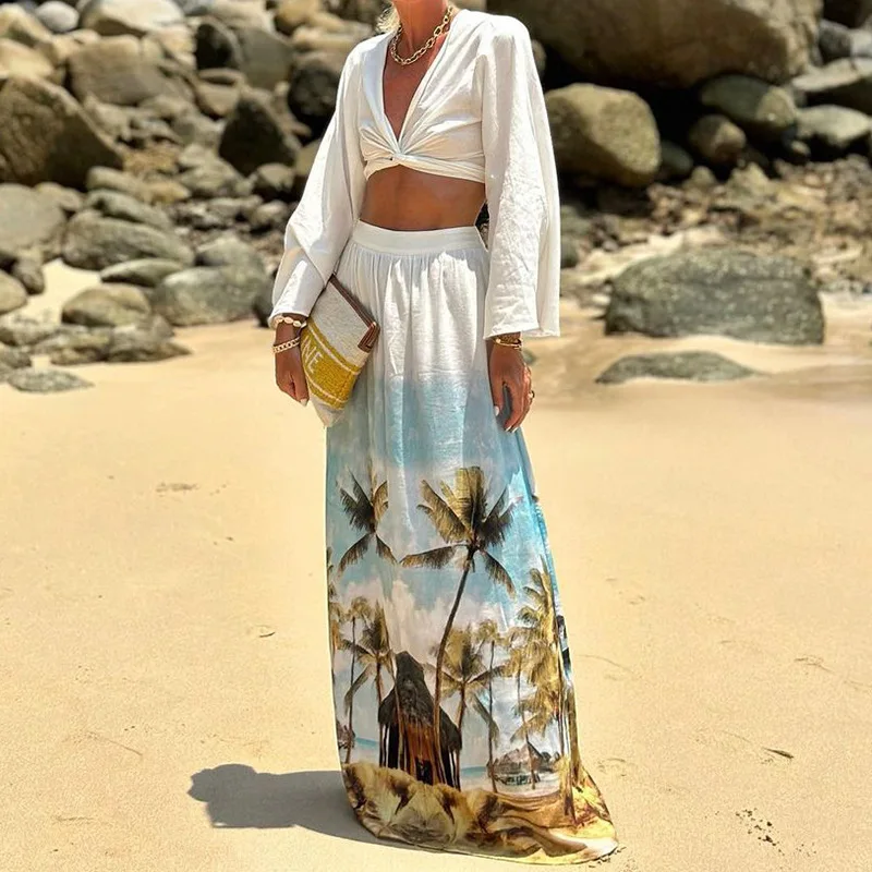 Summer Fashionable Casual Women's Suit Sexy Navel-baring V-neck Twist Long-sleeved Short Top Printed Beach Skirt Two-piece Set