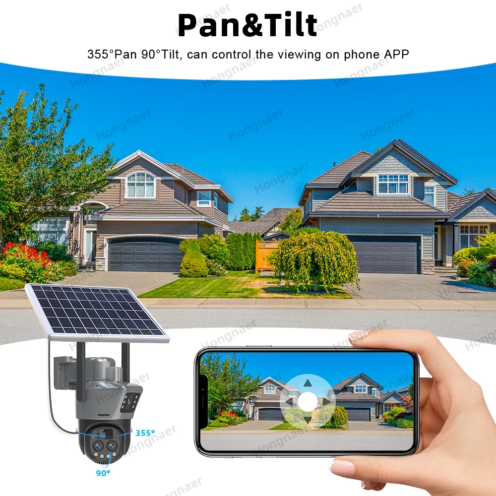 Hongnaer 12MP 6K 3 Lens 10X Zoom Wireless Solar Panel Powered IP PTZ V380 Pro Network Outdoor Security WiFi Solar CCTV Camera