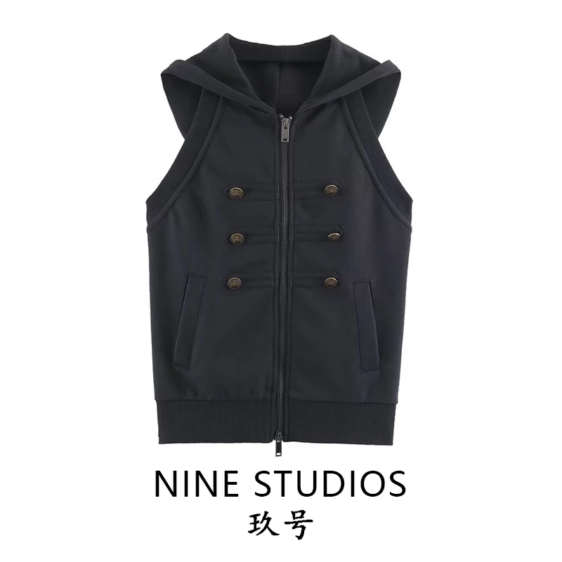 Sexy Backless Double Row Gold Button Short Jacket Vest NINE ZAR Women's Fashion Sleeveless Hat Coat Polyester Fabric