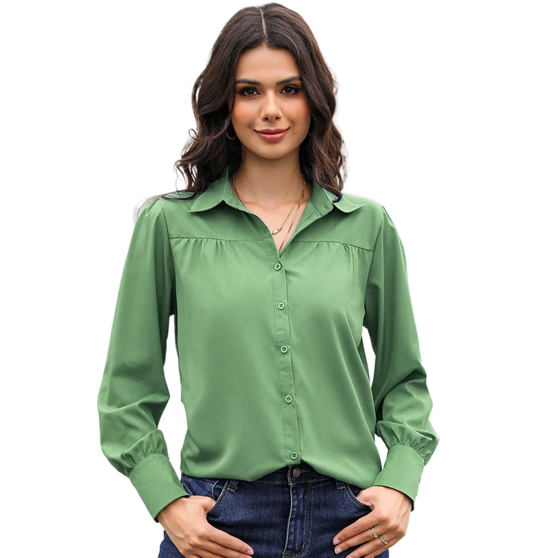 

European Women'S Autumn Chiffon Shirt Solid Fold Long Bishop Sleeve Lapel Shirt Ladies Casual Loose Street Blouse Ropa De Mujer