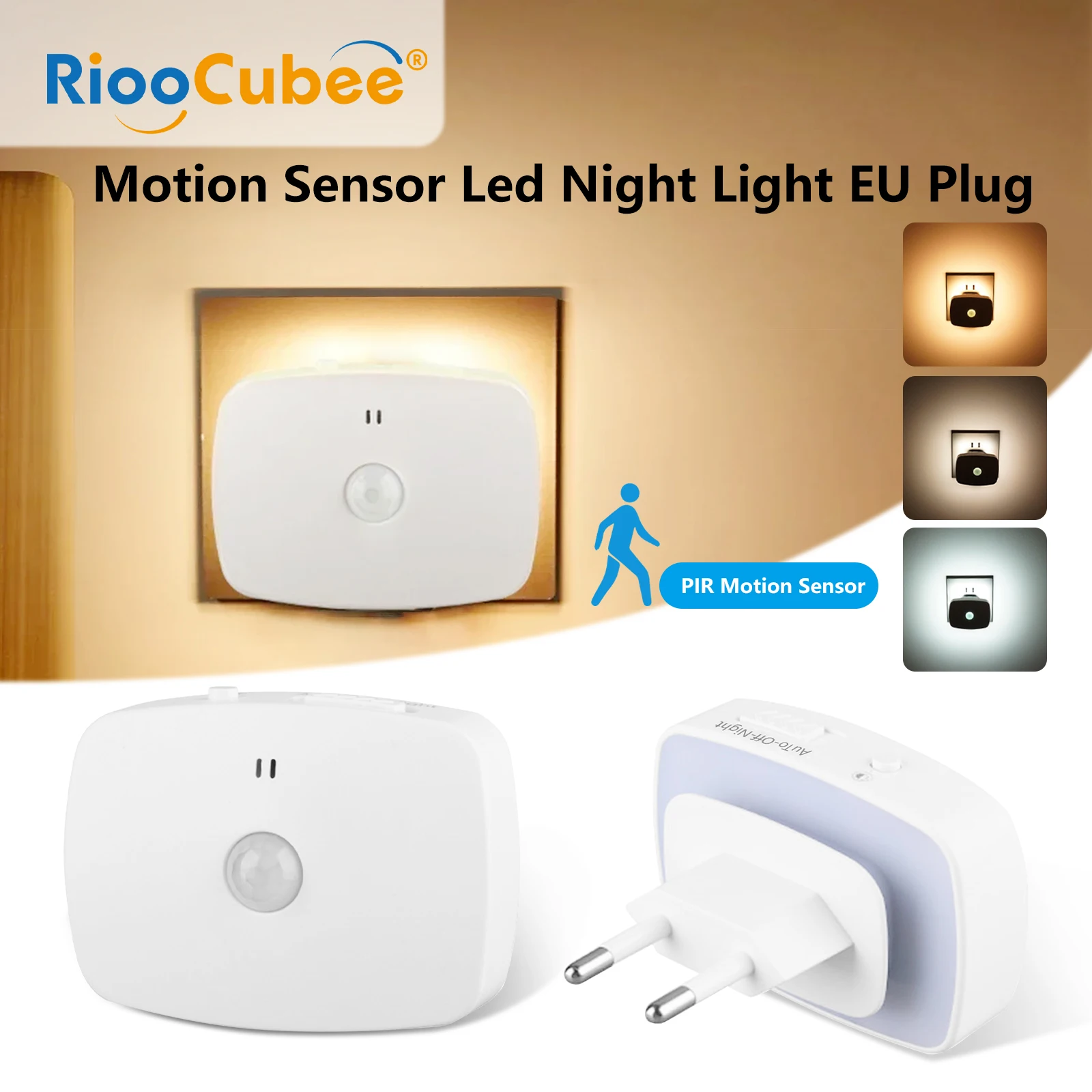 

RiooCubee Motion Sensor Night Light EU Plug Auto On/Off Dusk to Dawn LED Bedside Lamp Energy Saving for Hallway Bedroom Toilet