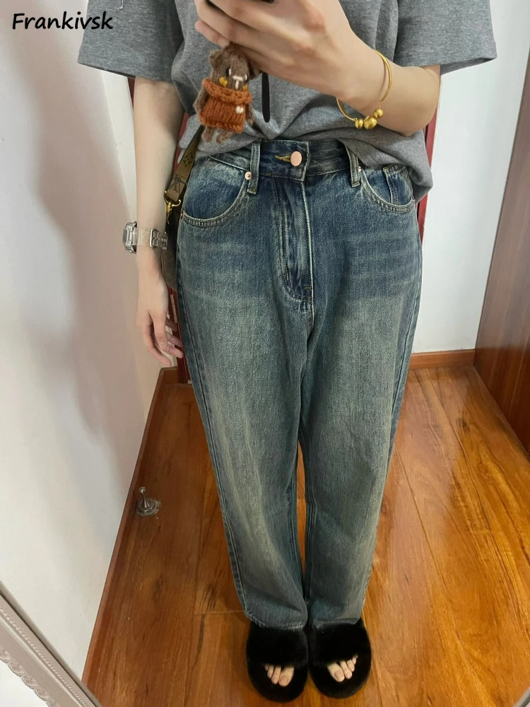 Jean Vintage à Jambes Larges pour Femme, Taille Haute, Style Européen, Rétro, Poche, Mode Streetwear, Loisirs, Simple, Assressentiavec Tout, Élégant