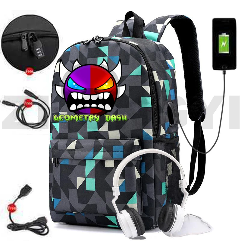 Angry Geometry Dash USB Charging Backpack Game Geometry Dash Anti Theft Big School Bags for Girls Men Laptop Business Mochila