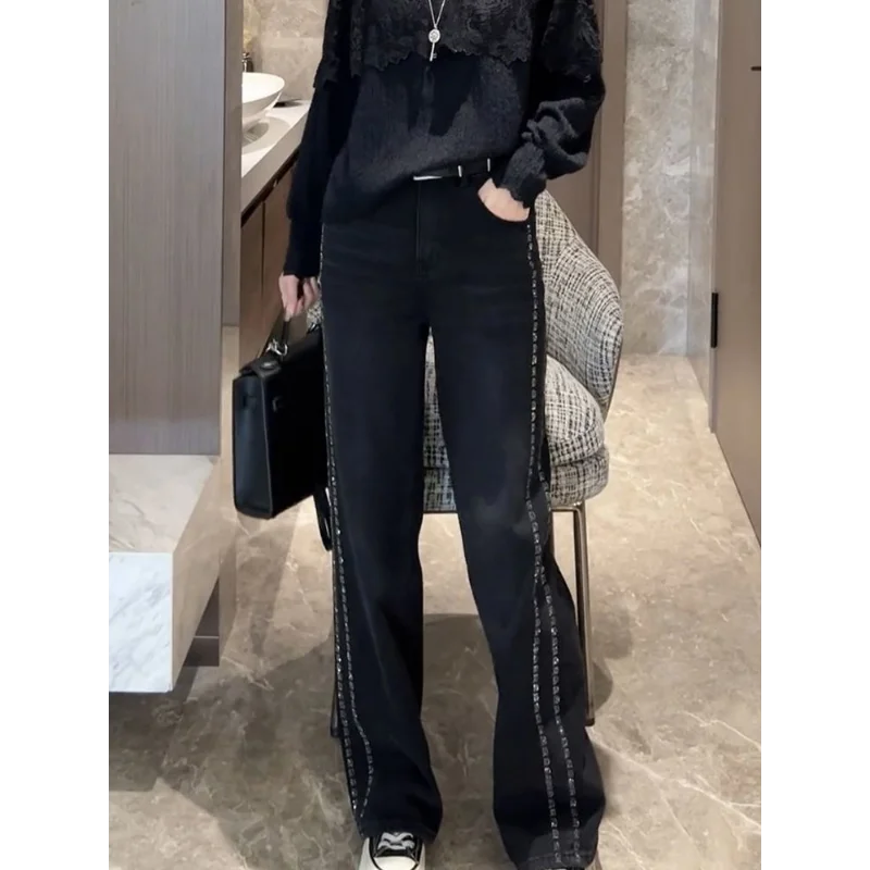 Simple Black Slim Wide Leg Jeans Women Loose Straight Pants With Rhinestones