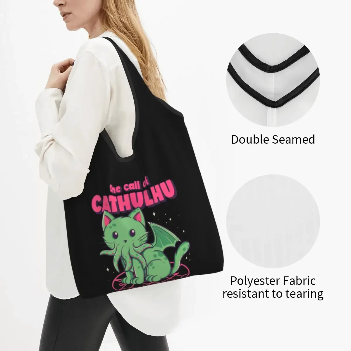 Reusable The Call Of Cthulhu Shopping Bag Women Tote  Portable Lovecraft Cat Grocery Shopper s