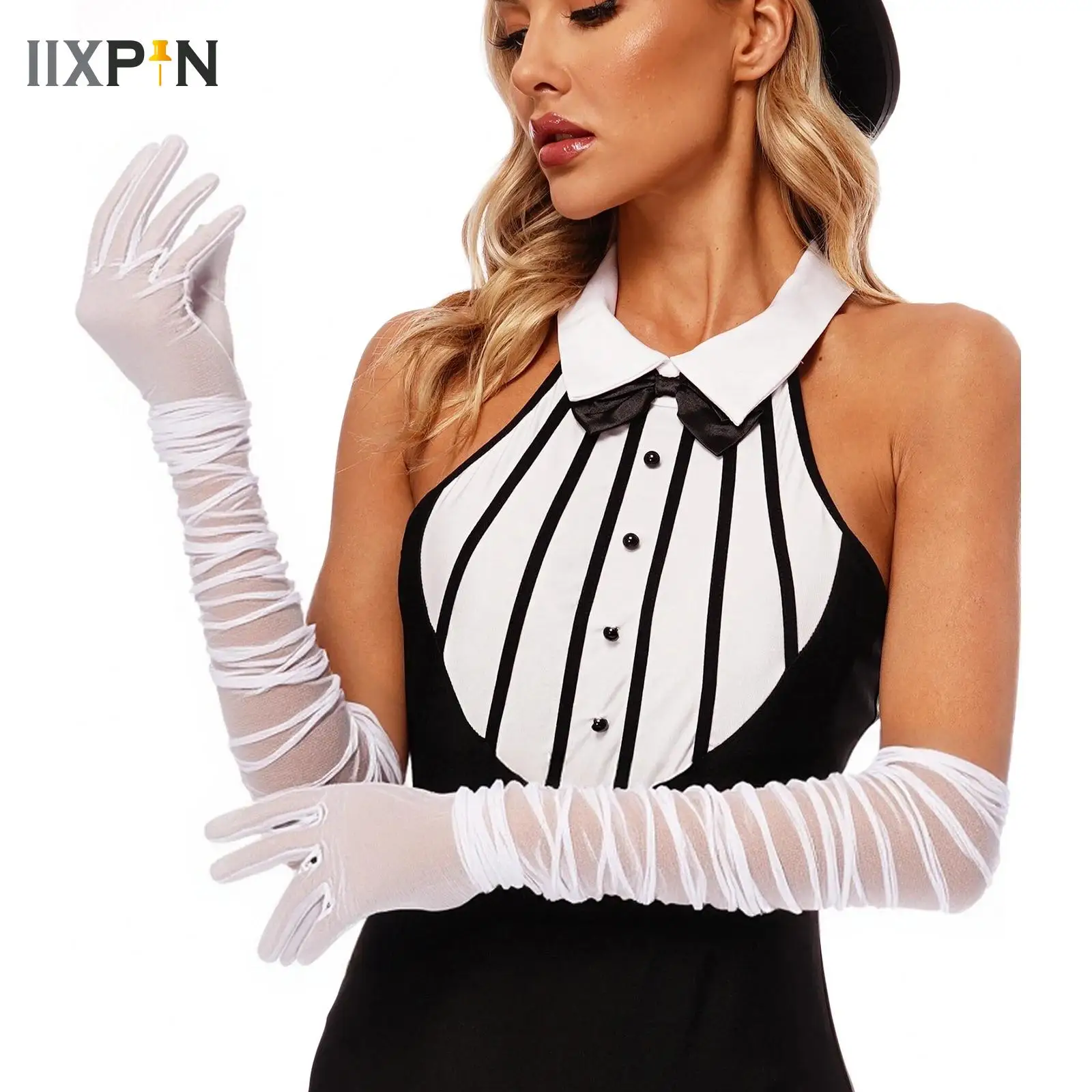 

Vintage Women Gloves Ruched Mesh Tulle Long Wedding Bride Dress Mittens Sheer Transparent Sunscreen Stretchy Masquerade Gloves