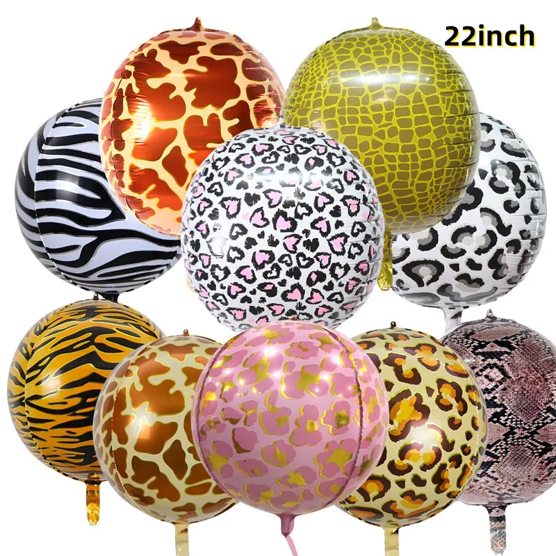 22Inch 4D Round Animal Pattern Aluminum Film Balloon Tiger Giraffe Snake Crocodile Leopard Animal Party Foil Balloons Birthday