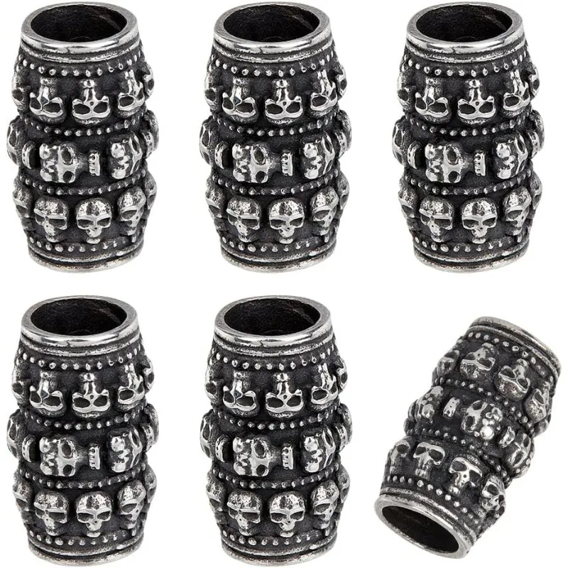 

6 Pcs Column with Skull Beads Stainless Steel Beads Antique Silver Spacer Bead European Large Hole Parachute Cord Bead for Knive