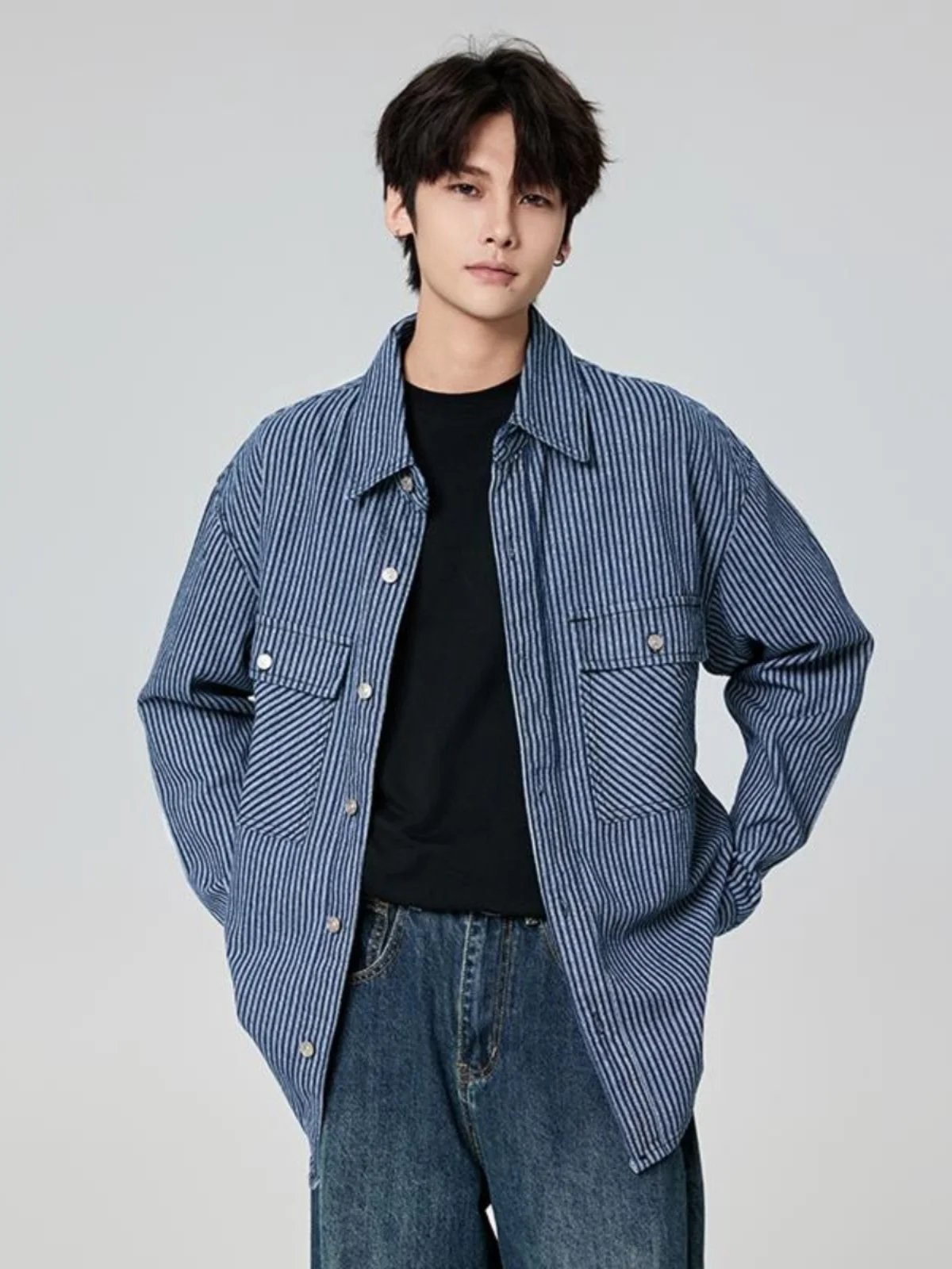 Premium Feel Striped Trendy Denim Shirt Men Spring Autumn Loose American Workwear Casual Long Sleeve Jacket Shirt Men