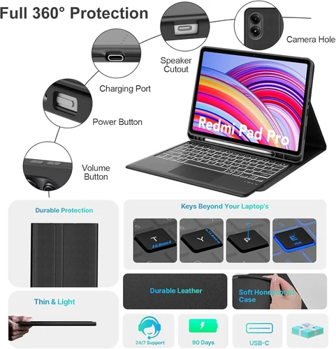 Imagen 2 del producto Funda con teclado para Redmi Pad Pro de 12,1 pulgadas, para Xiaomi POCO Pad, funda para tableta de 12,1 pulgadas con teclado Bluetooth inalámbrico desmontable