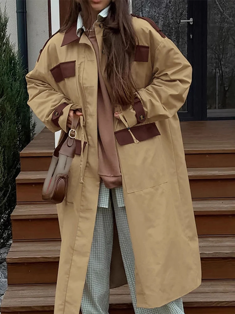 

Модная лоскутная ветровка, однобортное пальто с эластичной резинкой на талии и длинными рукавами, отложным воротником и карманами, пальто в английском стиле, осень 2023 г.