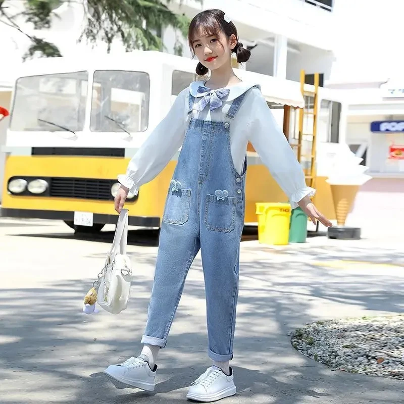 Girls Casual All-match Denim Overalls Middle Big Children\'s Spring Autumn Korean Overalls Children Fashion Foreign Flavor Jeans