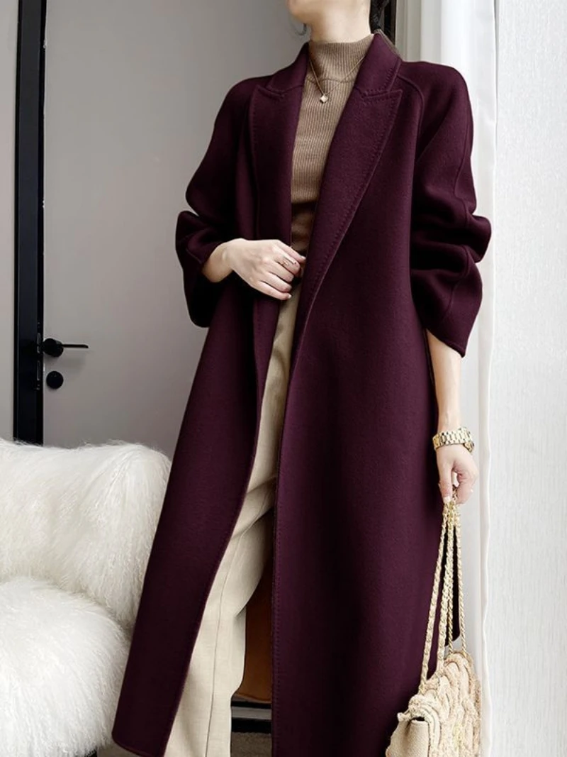 High-end Winter Cashmere Coat Women Long Wine Red Slim Lapel Black Lace-up Wool Coat Female Camel Casual Temperament Commuting