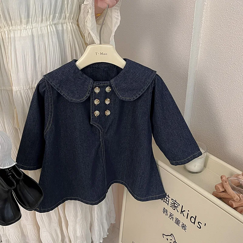 

Girl Dress Korean Style Children Clothing 2023 Autumn New Girl College Style Navy Collar Loose Double-breasted Denim Dress