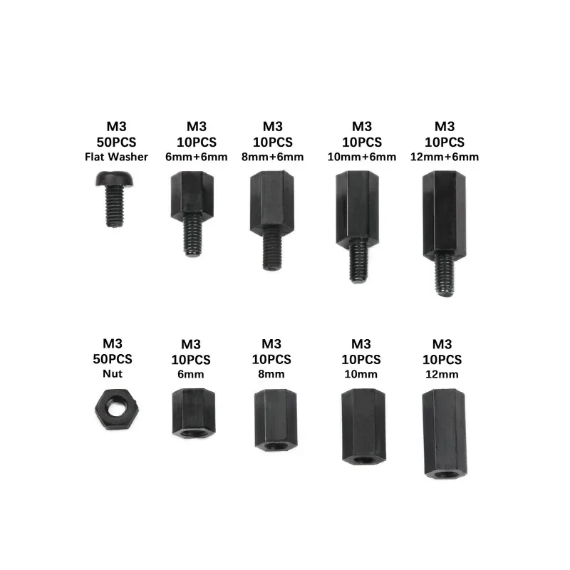 180Pcs Black M3 Nylon Hex Spacers Male/Female Screws Nuts Stand-off Kit With Plastic Box For Electronics PC Board