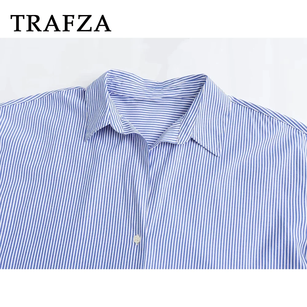 TRAFZA-camisa informal de popelina para mujer, camisa holgada a rayas con cuello vuelto, Estilo Vintage elegante, a la moda, para otoño e invierno, 2023