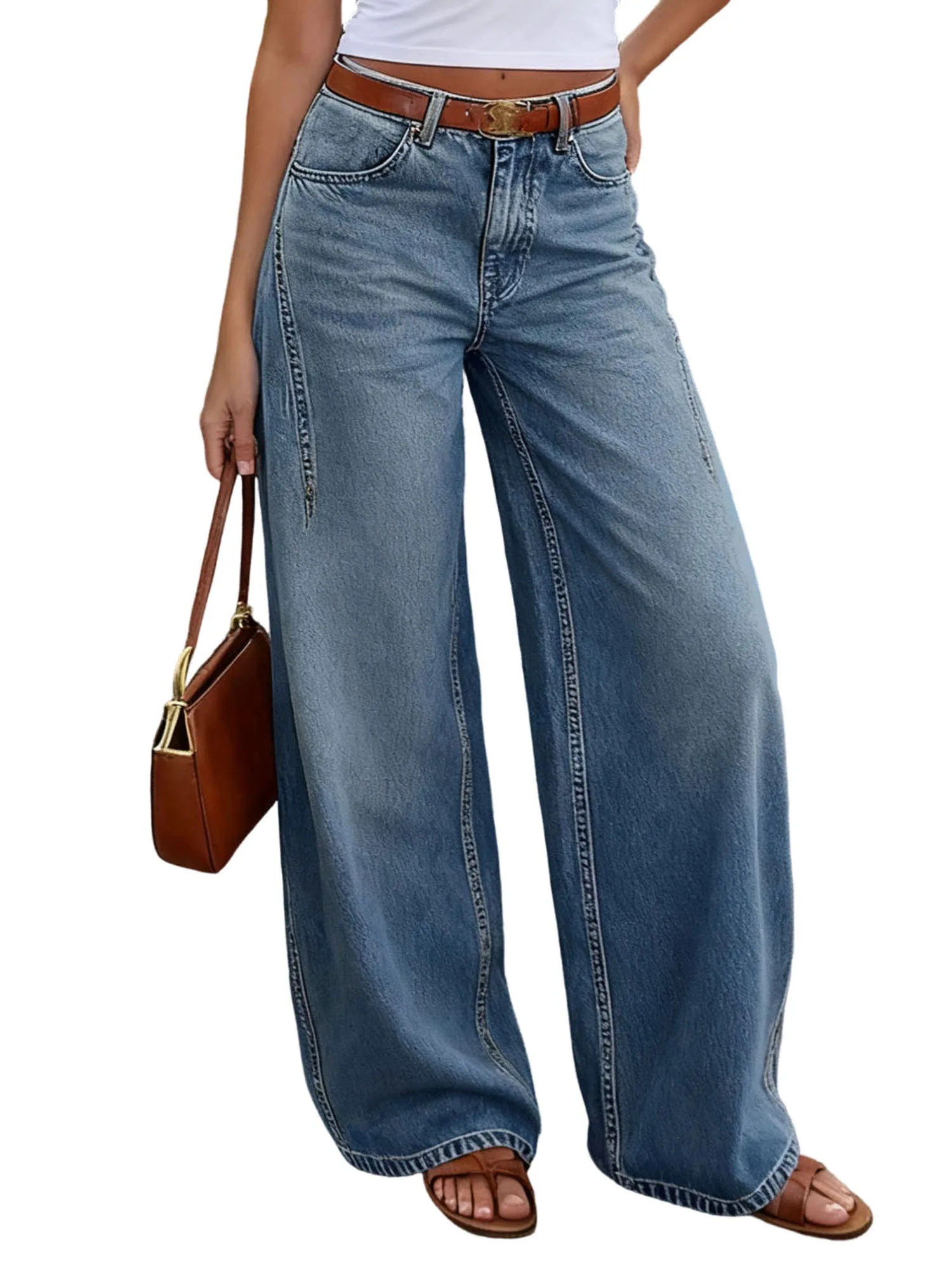 

Womens Baggy Jeans Low Rise Wide Leg Denim Pants with Pockets Casual Long Trousers for Daily Office