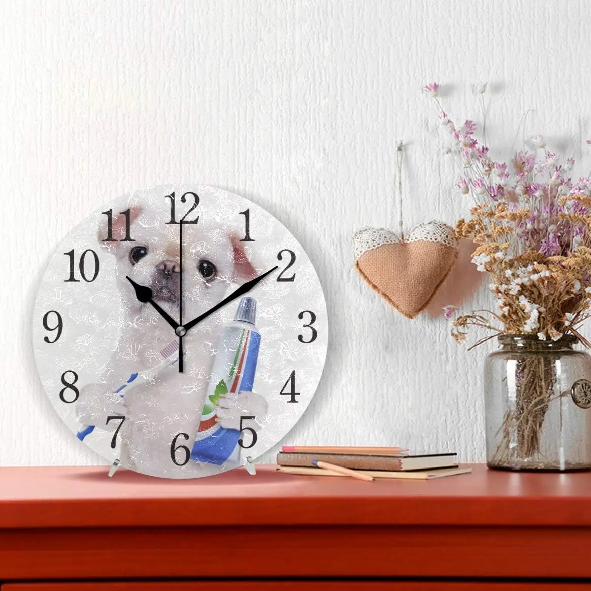 Brushing Teeth Dog Wall Clock Arabic Numerals Silent Non Ticking Round Wall Clock for Living Room Kitchen Bedroom Kids Room