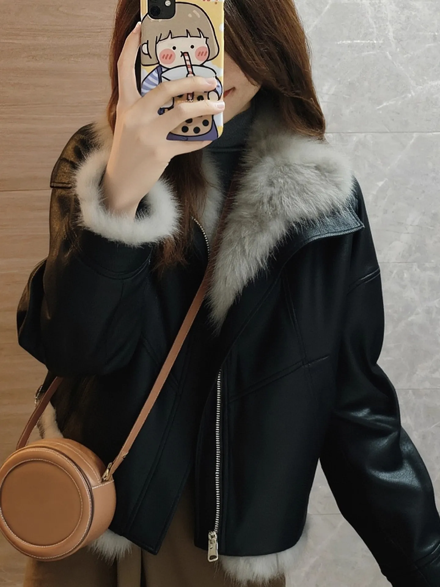 Emagrecimento bla couro falso ort jaet feminino faion coreano sle pêra ape ajuste inverno outerwear design de cacto