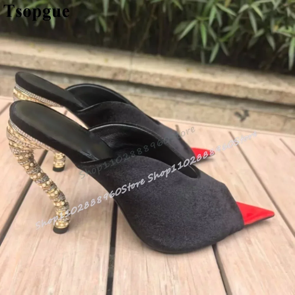 

High Quality Black Suede Half Pointy Slippers Strange High Heel Women Shoes Slip On Pointed Toe Party Gorgeous Luxury Sandals