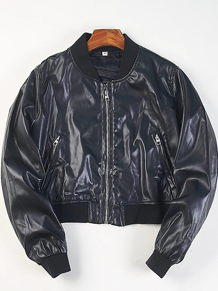 Premium Loose Slimming Black PU Leather Jacket Women's Short Baseball Style Motorcycle Jacket Outerwear Spring Autumn