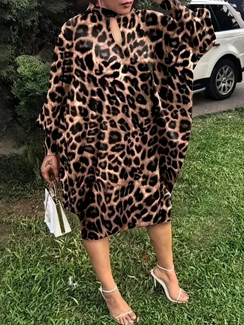 Plus Size 1XL-5XL Women\'s Fashion Boho Dress Ladies Casual Leopard Print Batwing Sleeve Keyhole Round Neck Baggy Dress