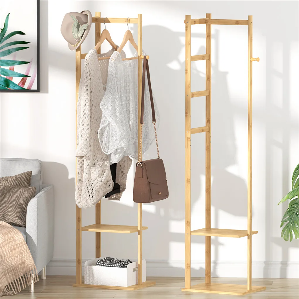 Bamboo Clothing Rack Corner Hall Trees Clothes Hanging Rail Garment Rack with 2 Shelves 3 Hanger Hooks