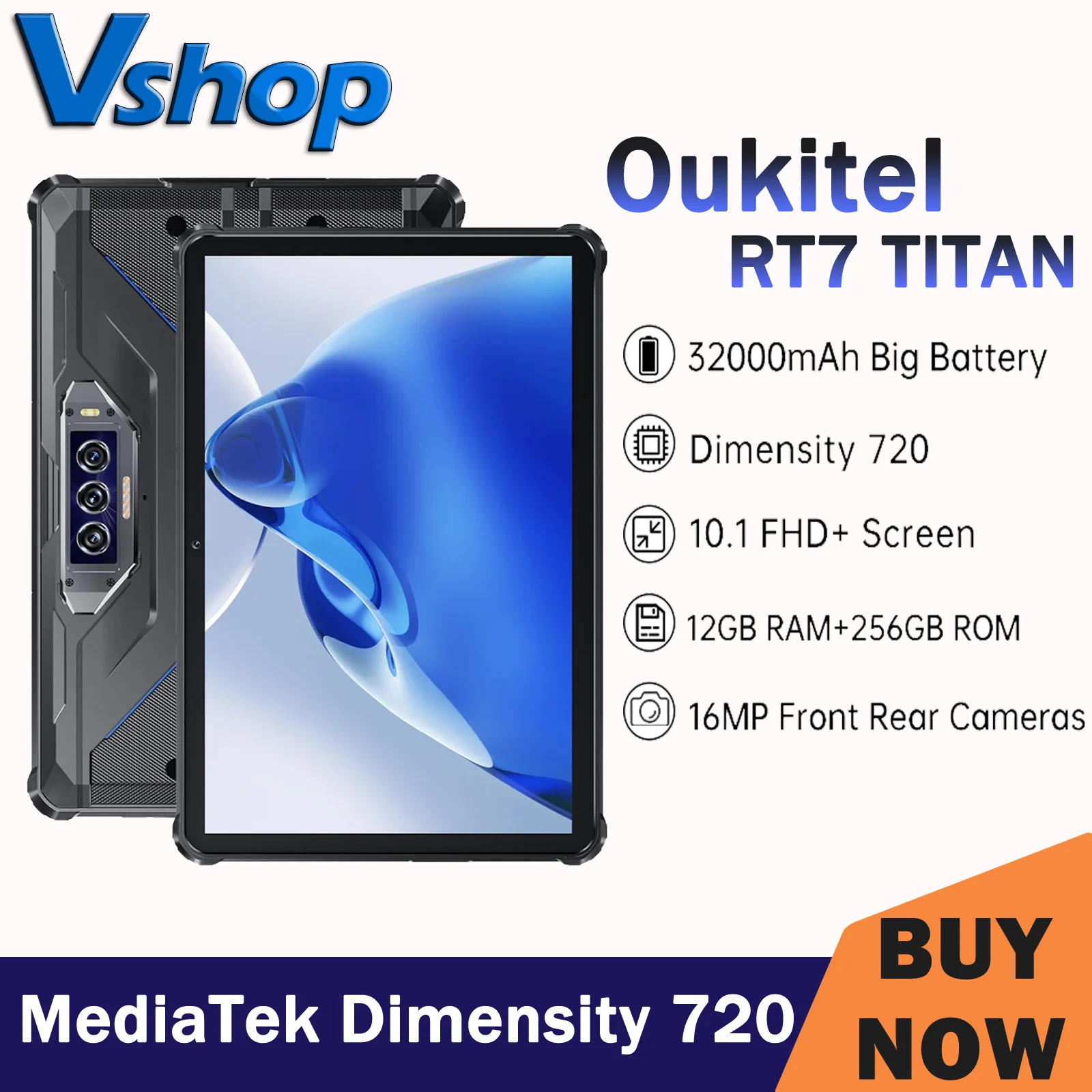 Планшет OUKITEL RT7 TITAN 5G Rugged Tablet IP68/IP69K 12 Гб + 256 ГБ 10,1 дюймов FHD + 48 Мп + 20 МП 32000 мАч MediaTek Dimensity 720 Android 13