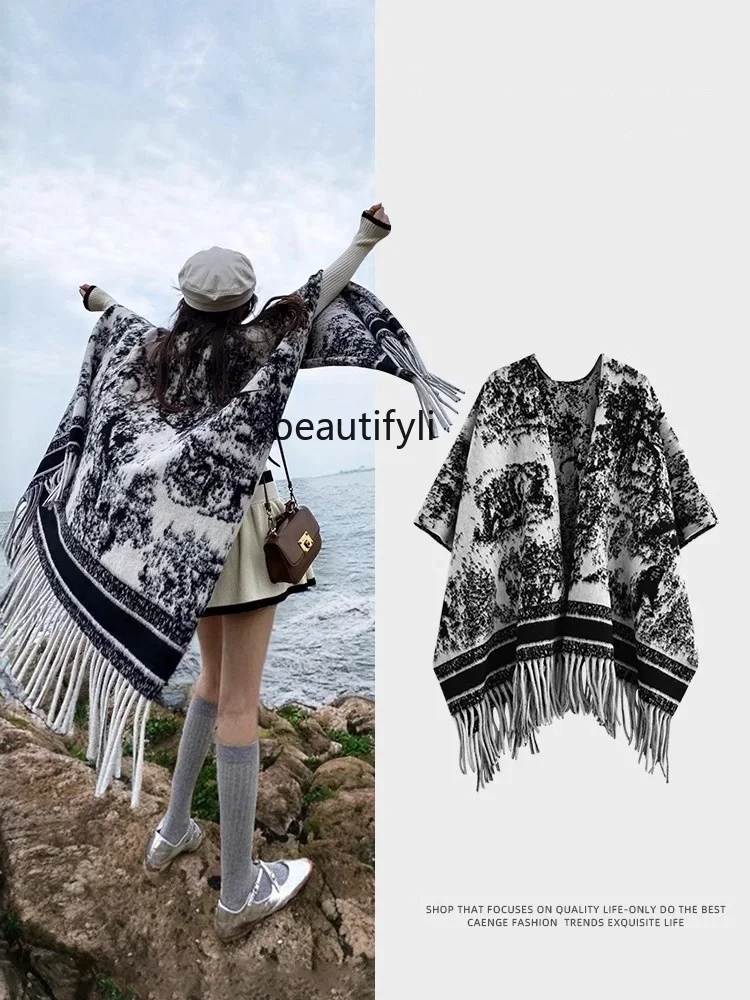 Ink painting shawl women's outer with thickened fringed cape travel warm scarf