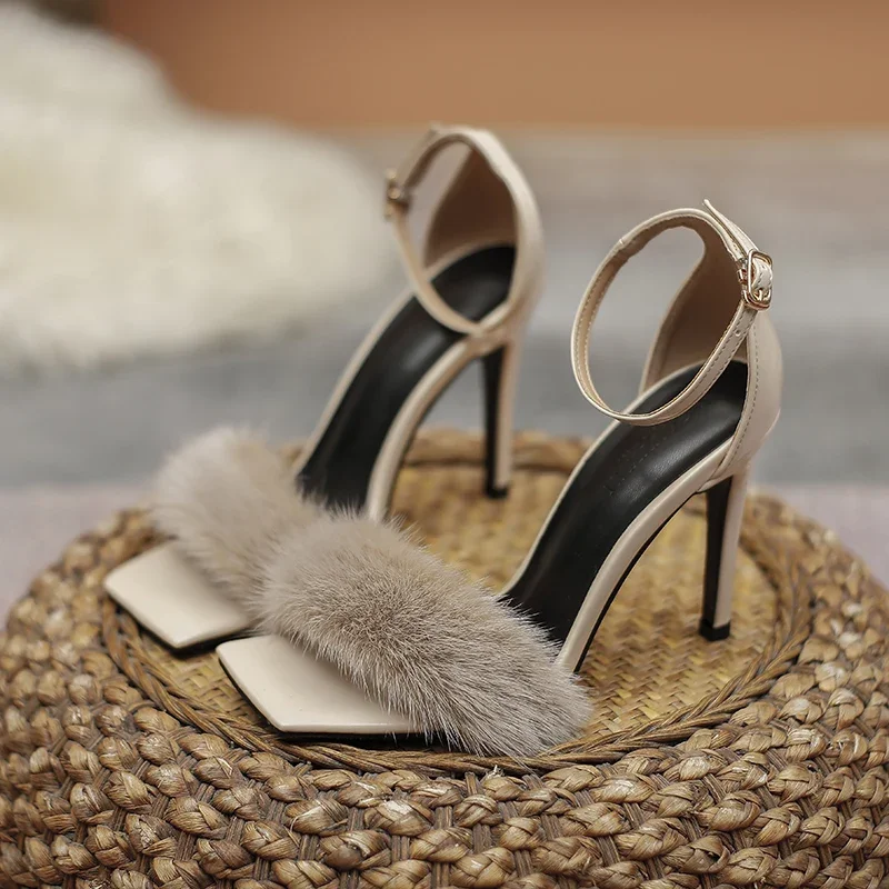 

2024 Spring New One line with Hollow Open Toe Sexy Mink Hair Fairy Style High Heel Sandals for Women